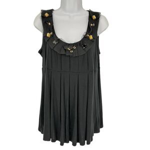 Kristin Davis Women's SZ M Black Sleeveless Pleated Top‎ Stones Embellished